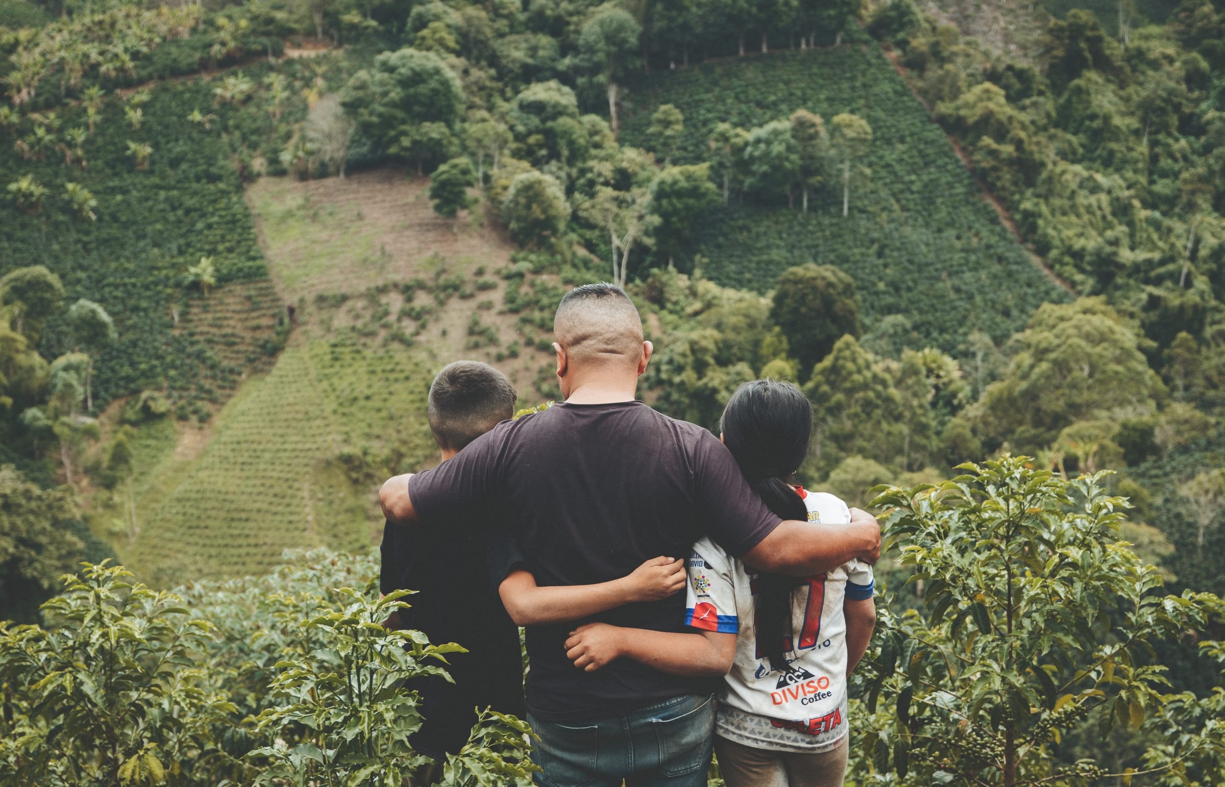 Produttore di caffè con la sua famiglia che osserva la piantagione di caffè