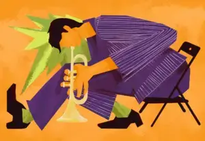 Ilustración de una figura recostada en tonos naranja y morado para el café de especialidad Ndunduri, Kenia, de San Agustín